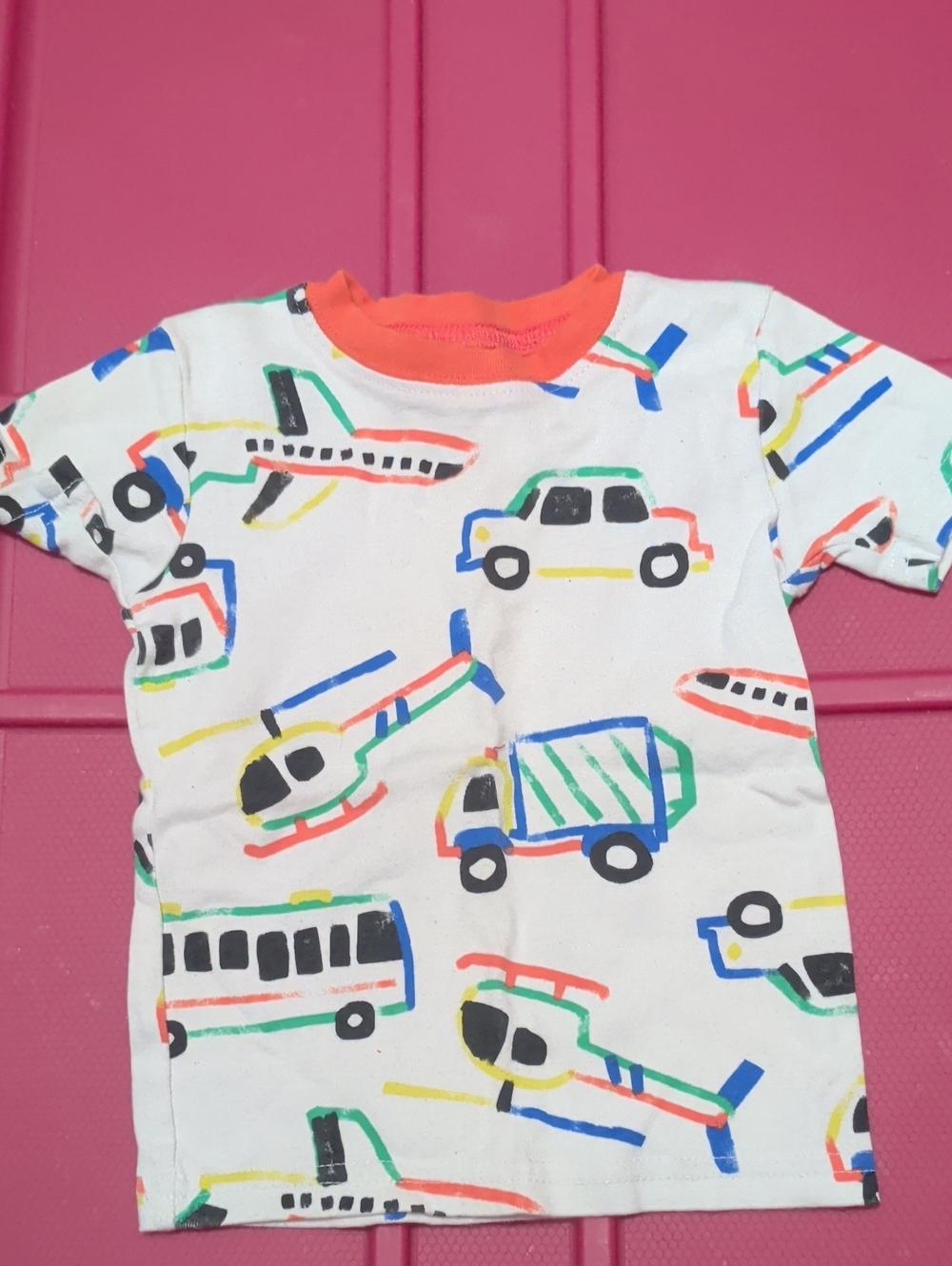 Carter's White Kids Short Sleeve Tee with Multicolor Vehicles and Orange Trim